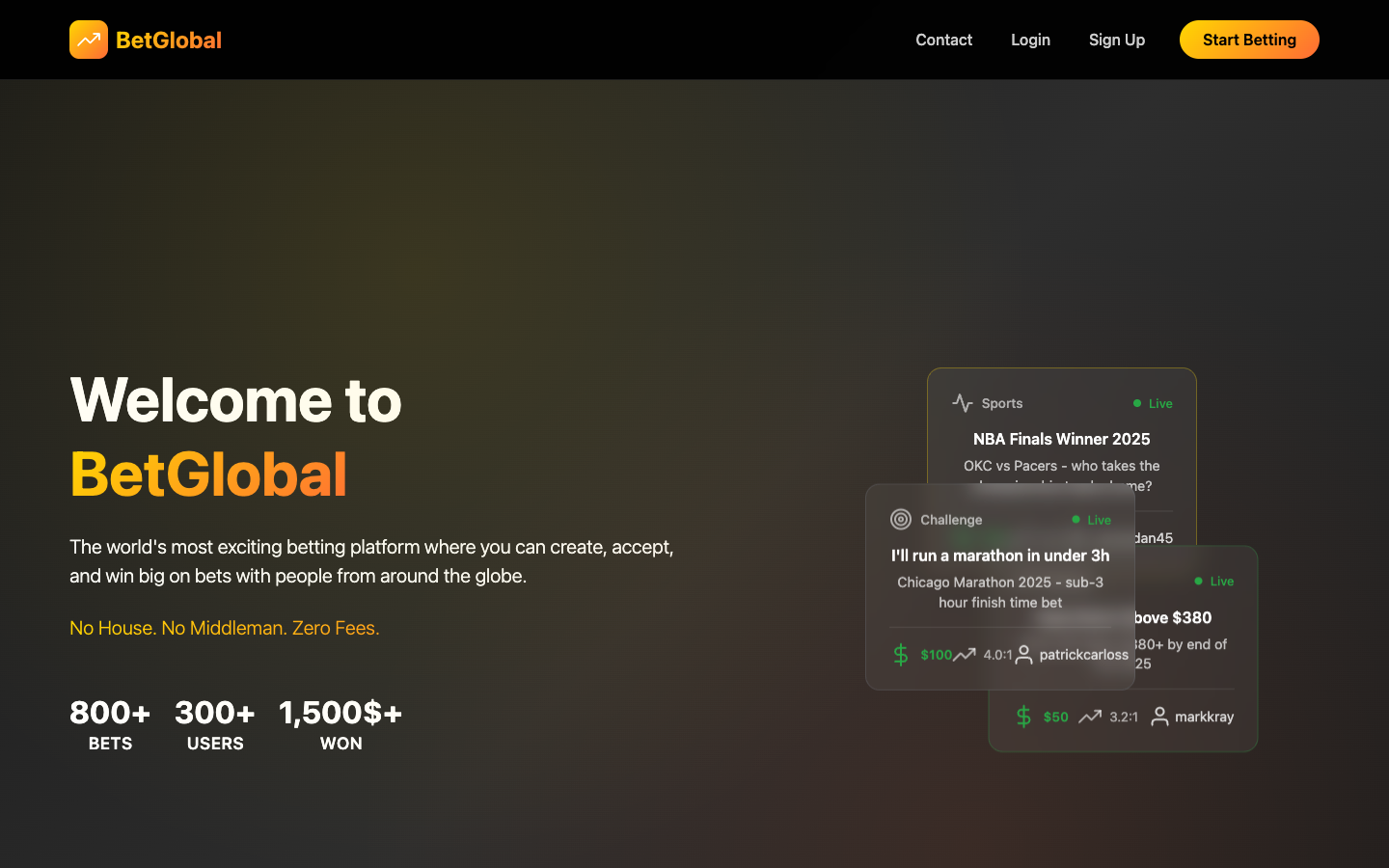 BetGlobal landing page with tagline and live bet cards