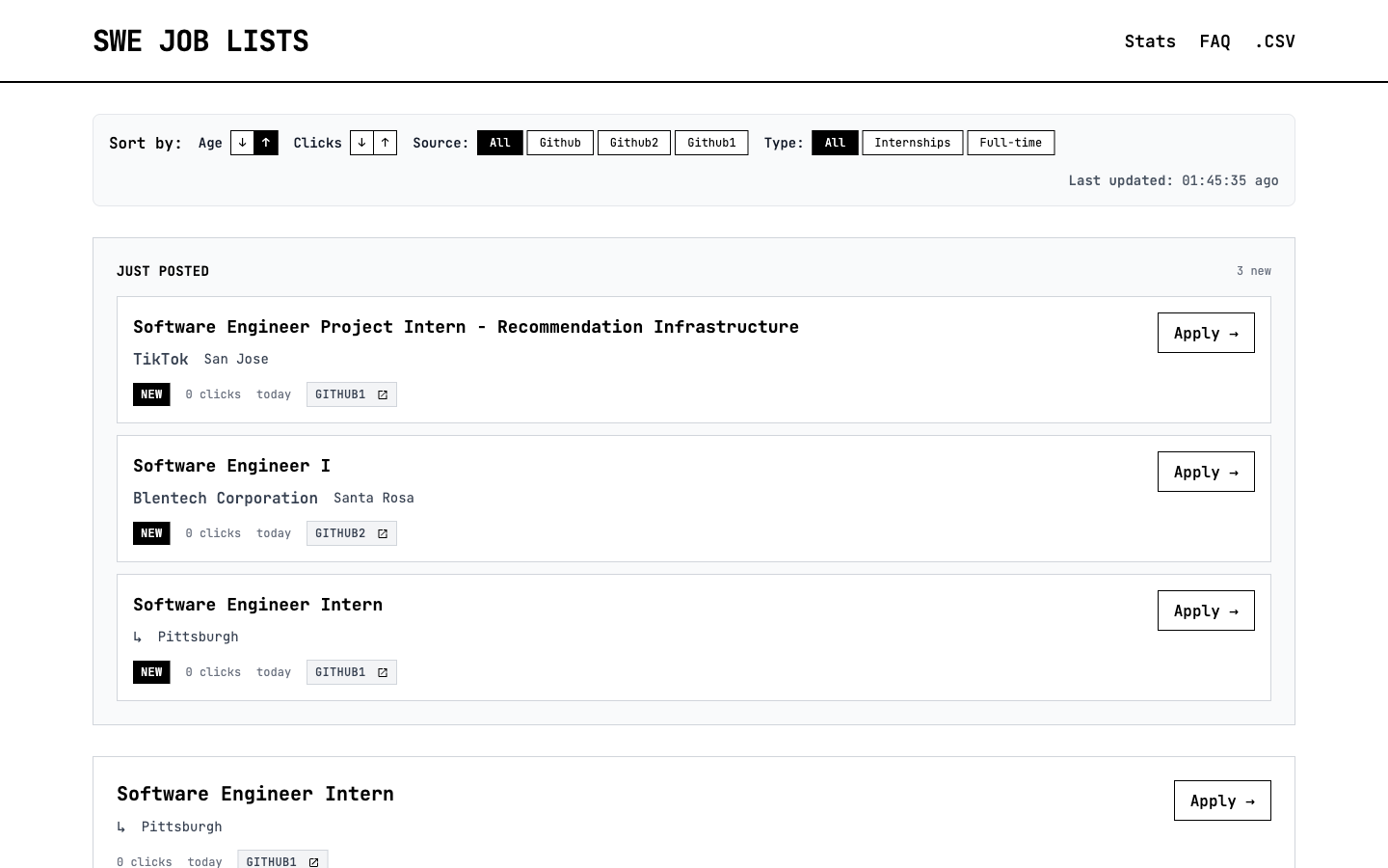 SWE Job Lists homepage showing filter bar and recent postings