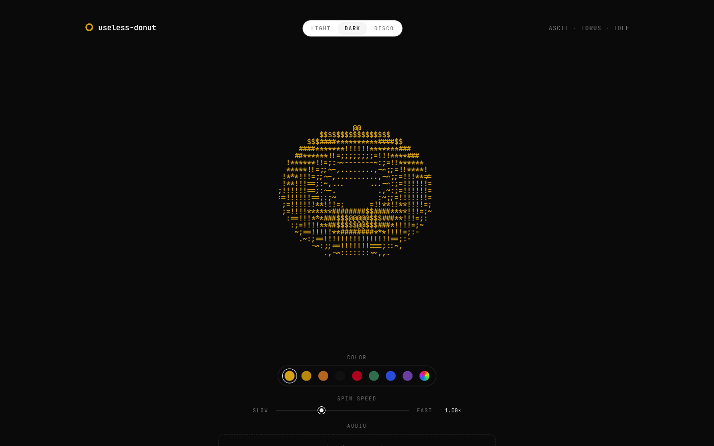 ASCII torus rendered on a dark background with color and spin controls below
